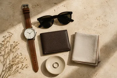 Elegant Accessories Flat Lay on Travertine