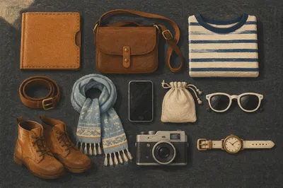 Travel Accessories Flat Lay on Charcoal