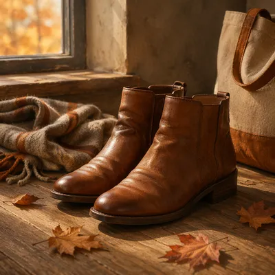 Cognac Leather Ankle Boots in Autumn Light