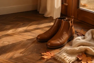 Cognac Leather Ankle Boots Autumn Still Life