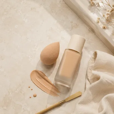 Elegant Beauty Blender and Foundation Flat Lay