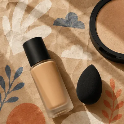 Beauty Blender and Foundation Flat Lay