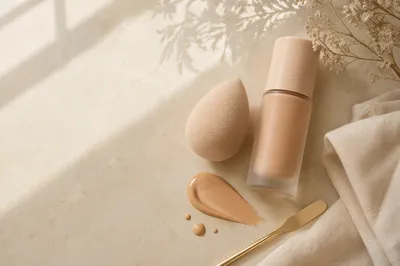 Elegant Beauty Blender and Foundation Flat Lay