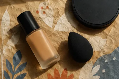 Beauty Blender and Foundation Flat Lay