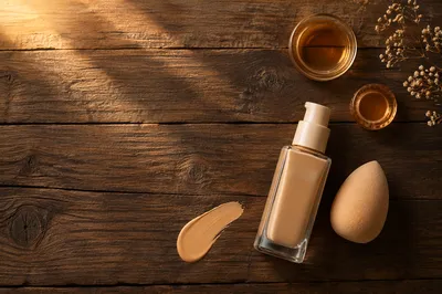 Beauty Blender and Foundation Flat Lay