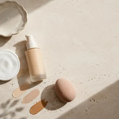 Foundation Bottle and Beauty Sponge Flat Lay