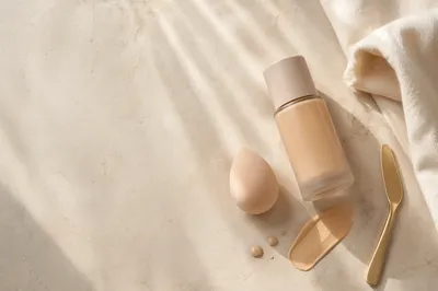 Beauty Blender and Foundation Flat Lay