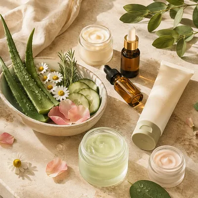 Botanical Skincare Flat Lay on Stone Vanity