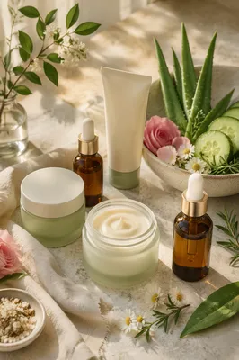 Botanical Skincare Flat Lay with Natural Ingredients