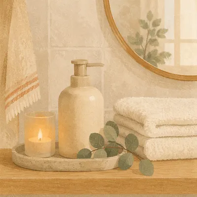 Calm Bathroom Shelf Candle and Lotion