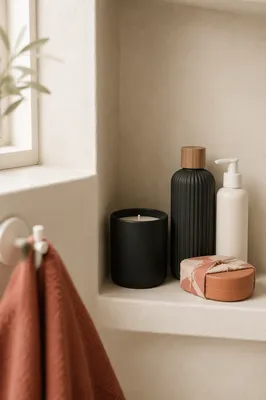 Styled Bathroom Shelf with Candle and Lotion
