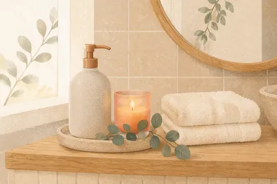 Calm Bathroom Shelf Candle and Lotion