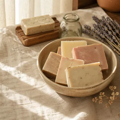 Handmade Soap Bars in Ceramic Bowl