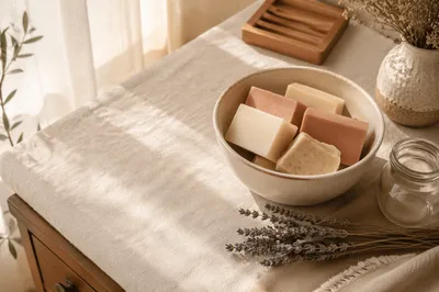 Handmade Soap Bars in Ceramic Bowl