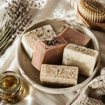 Handmade Soap Bars in Ceramic Bowl