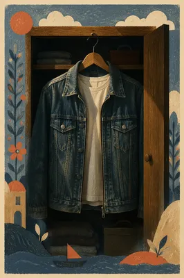 Denim Jacket Hanging in Wooden Closet