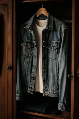 Denim Jacket Hanging in Wooden Closet