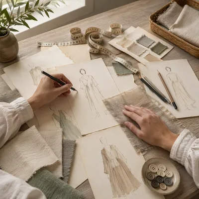 Fashion Sketches and Fabrics in Design Studio