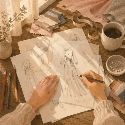 Fashion Design Sketches in Warm Studio Light