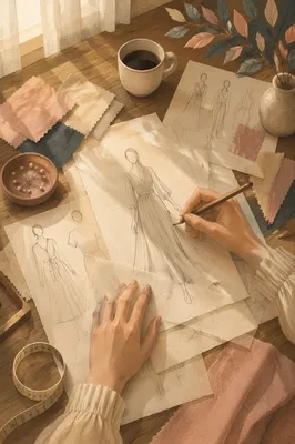 Fashion Sketches on Paper in Studio