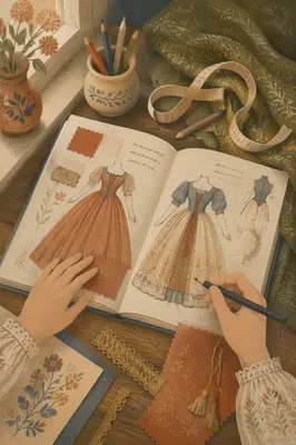 Elegant Couture Sketches on Studio Desk