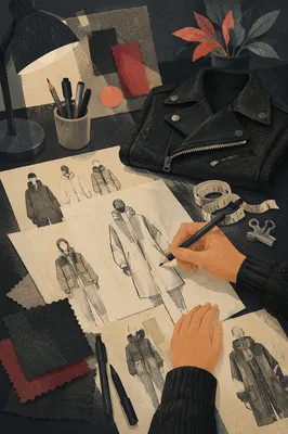 Fashion Studio Desk with Outerwear Sketches
