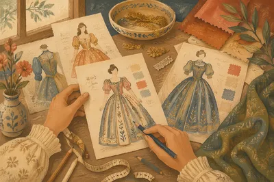 Elegant Couture Sketches on Studio Desk