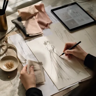 Fashion Design Sketches on Studio Table