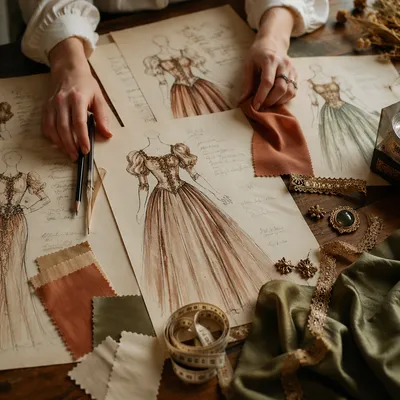 Elegant Fashion Sketches on Studio Desk