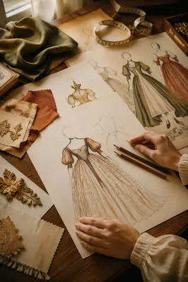 Elegant Couture Sketches on Design Studio Desk