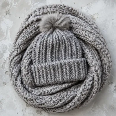 Cozy Gray Knitted Beanie and Scarf Flat Lay