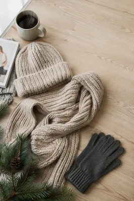 Cozy Knitted Beanie and Scarf Flat Lay