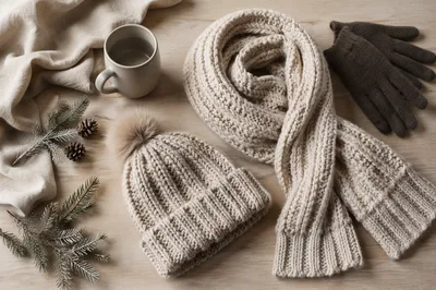 Cozy Knitted Beanie and Scarf Flat Lay