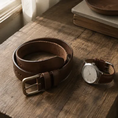 Leather Belt and Watch Morning Flatlay