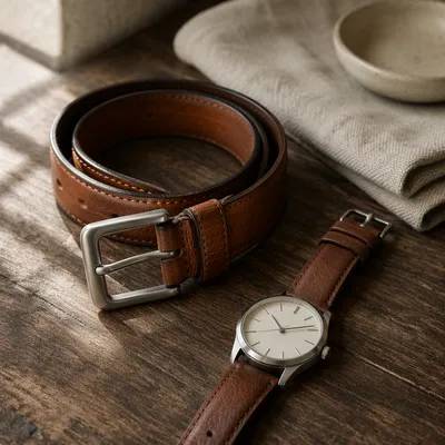 Leather Belt and Watch Flat Lay