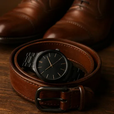 Elegant Wristwatch and Leather Belt Still Life