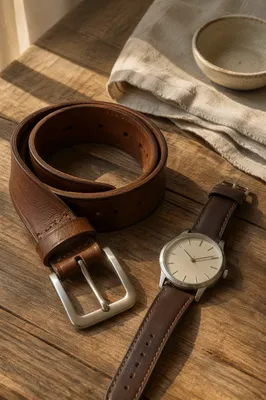 Leather Belt and Watch Rustic Flat Lay