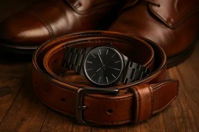 Elegant Leather Belt and Watch Still Life