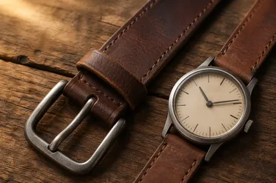 Brown Leather Belt and Watch Still Life