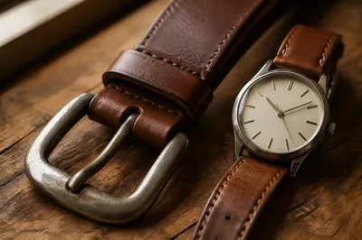 Brown Leather Belt and Analog Watch
