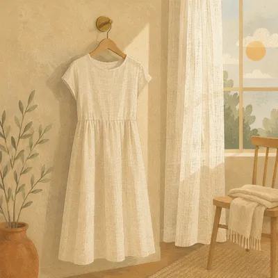 Elegant Linen Dress on Wooden Hanger