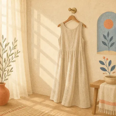 Elegant Linen Dress on Wooden Hanger