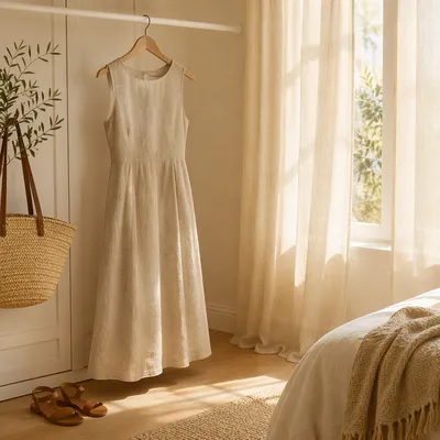 Elegant Linen Dress on Wooden Hanger