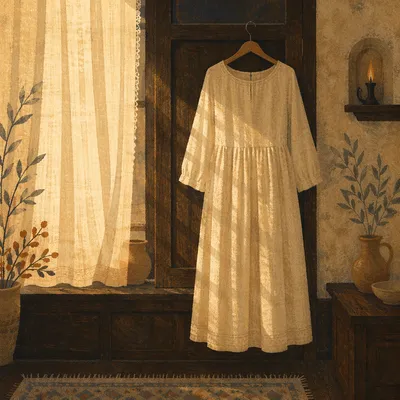 Elegant Cream Linen Dress on Wooden Hanger