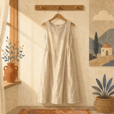Elegant Linen Dress on Wooden Hanger