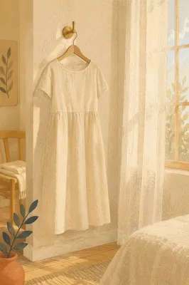 Elegant Linen Dress on Wooden Hanger