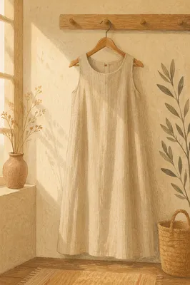 Elegant Linen Dress on Wooden Hanger