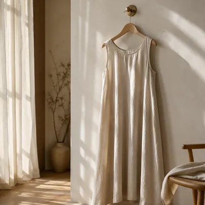 Elegant Linen Dress on Wooden Hanger