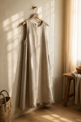 Elegant Linen Dress on Wooden Hanger