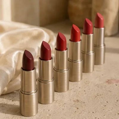 Red Lipstick Collection on Stone Vanity